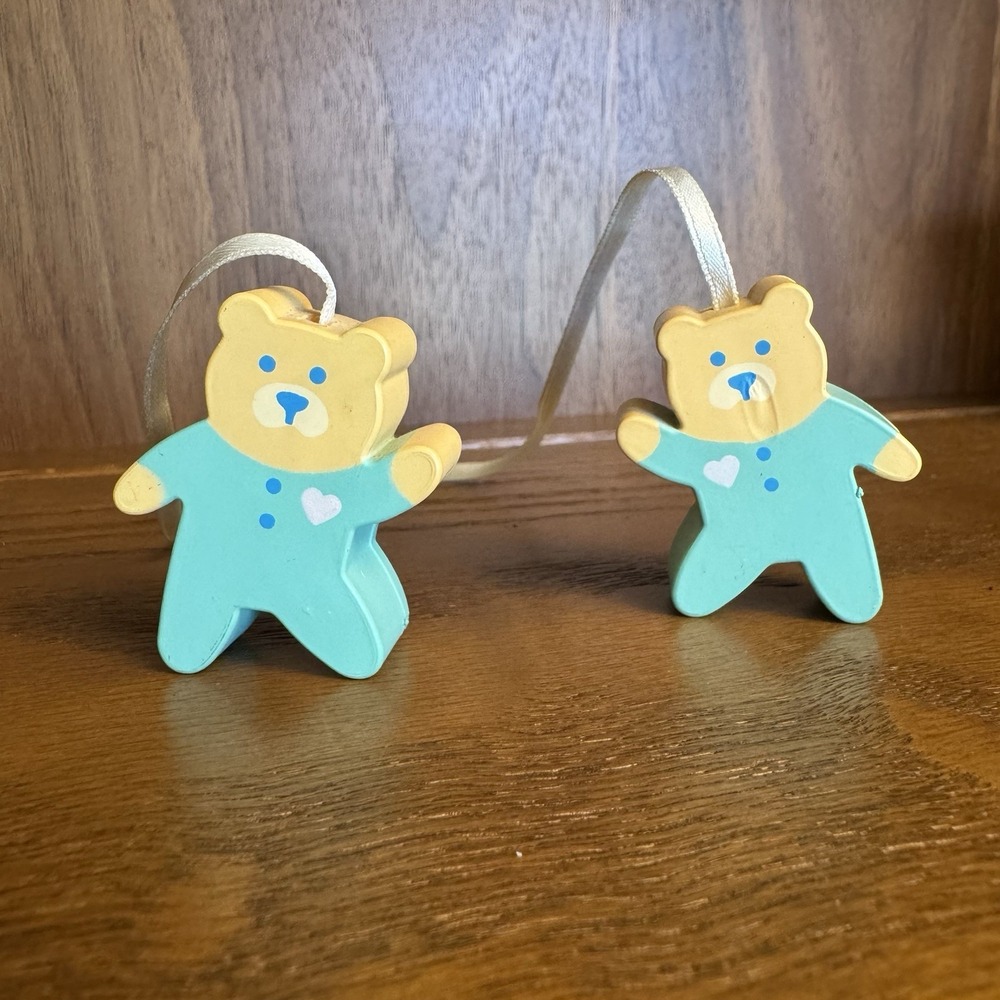 Vintage Hand Painted Wooden Baby Blue Bear & Rabbit. Farmhouse Cottagecore Decor - Picture 12 of 16